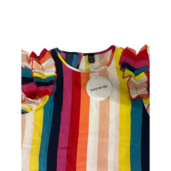 SHEIN VCAY Multicolor Rainbow Stripe Ruffle Sleeve Dress – Size M – NWT - Picture 8 of 11